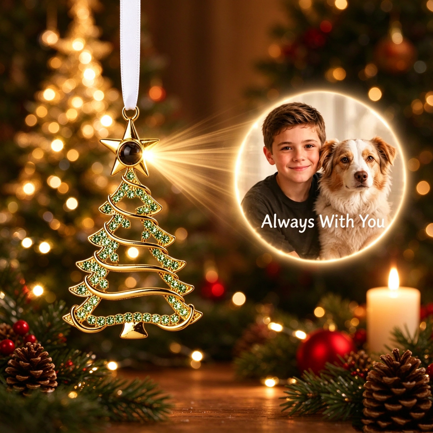 Personalized Christmas Tree Ornament with Photo Projection, Memorial Gift for Family & Pet Lovers, Holiday Tree Hanging Decor - SantaSocks