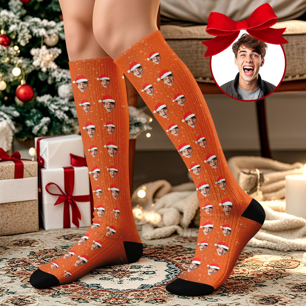 Christmas Gifts Custom Face Knee High Socks Personalized Xmas Socks Merry Christmas Blue - SantaSocks