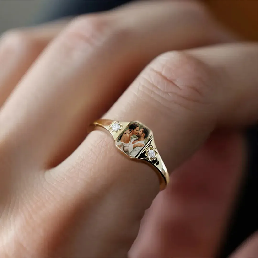 Mother's Day Gifts Personalized Birthstone Photo Ring 2 Birthstone Colors Custom Jewelry Perfect Gift for Her - SantaSocks
