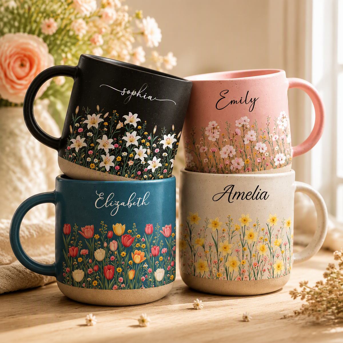 Birth Month Flower Personalized Mug – Custom Ceramic Coffee Cup, Monthly Birth Flower Gift for Her, Mom, Wife & Friends