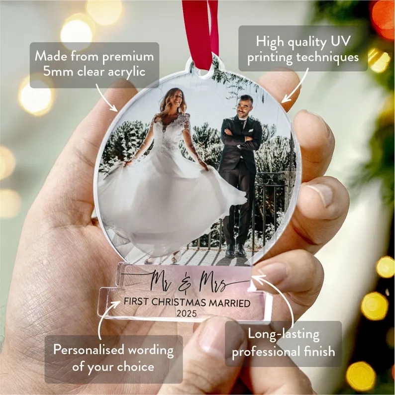 First Christmas Married Ornament Personalised Photo Bauble Custom Photo Bauble for Newlyweds Mr & Mrs Couple Gifts Wedding Gift Keepsake