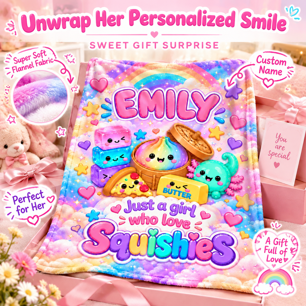 Personalized Squishy Blanket for Girls – Birthday & Christmas Gift with Kawaii Dumpling Print, Soft Fleece Throw