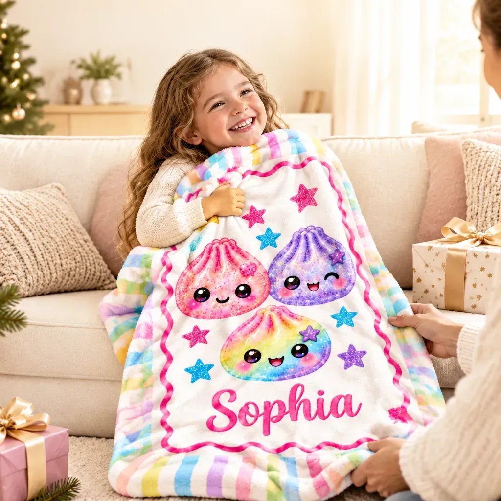 Personalized Squishy Blanket for Girls – Birthday & Christmas Gift with Kawaii Dumpling Print, Soft Fleece Throw