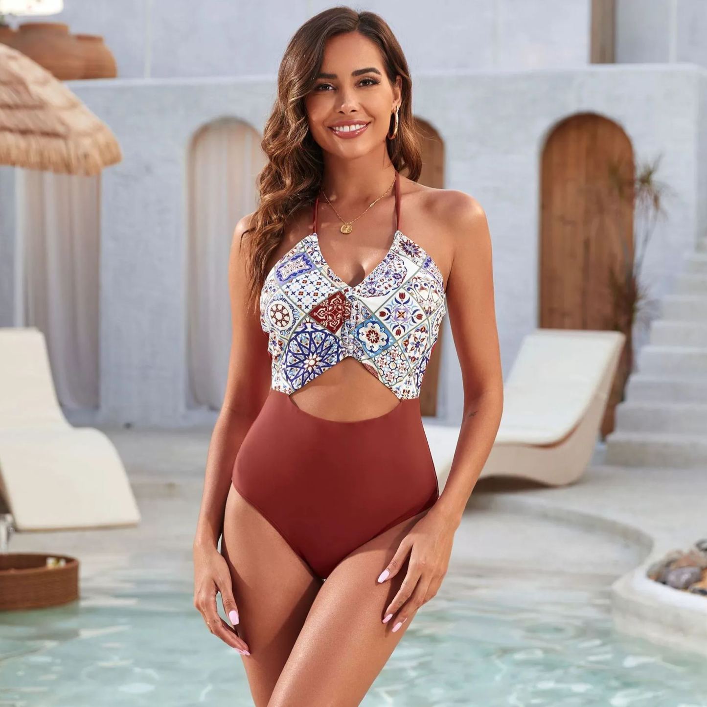 Sexy Bikini Women's Split Swimsuit Fashionable And Sexy Women'S Printed Leaf Stitching One-Piece Swimsuit
