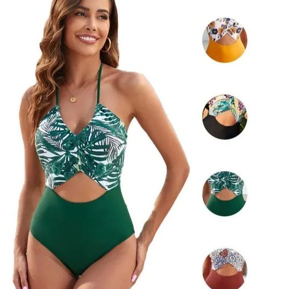 Sexy Bikini Women's Split Swimsuit Fashionable And Sexy Women'S Printed Leaf Stitching One-Piece Swimsuit