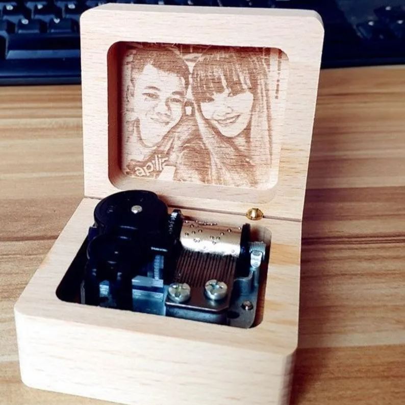 18-Note Custom Tune | Wood Wind Up Custom Engraving Picture Hand Made Personalized Anniversary Gift Music Notes Music Box