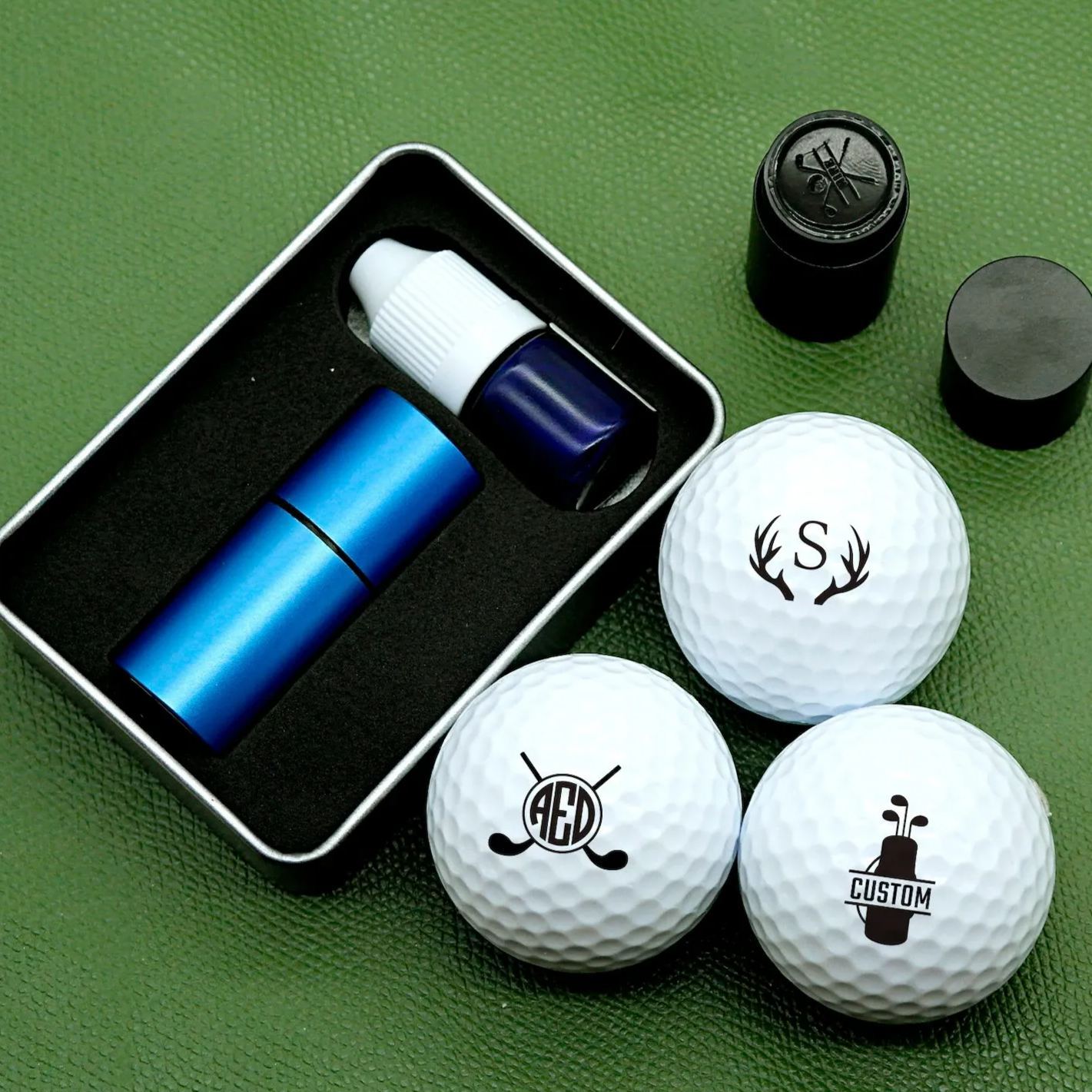Personalized Monogrammed Initial Golf Ball Stamp with Metal Storage Box Birthday Father's Day Gift for Golf Player