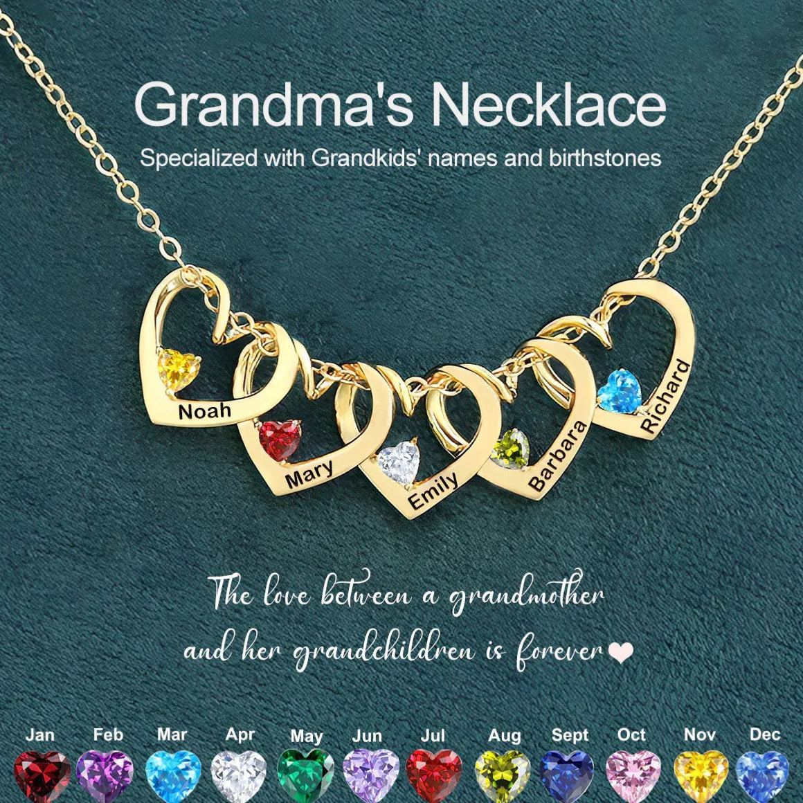 Personalized Heart Name Birthstone Necklace For Mom Grandma