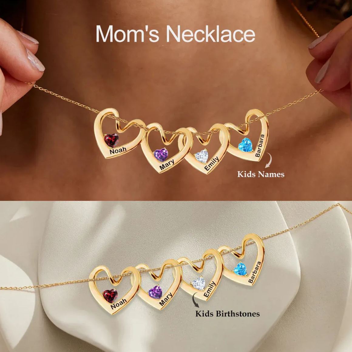 Personalized Heart Name Birthstone Necklace For Mom Grandma