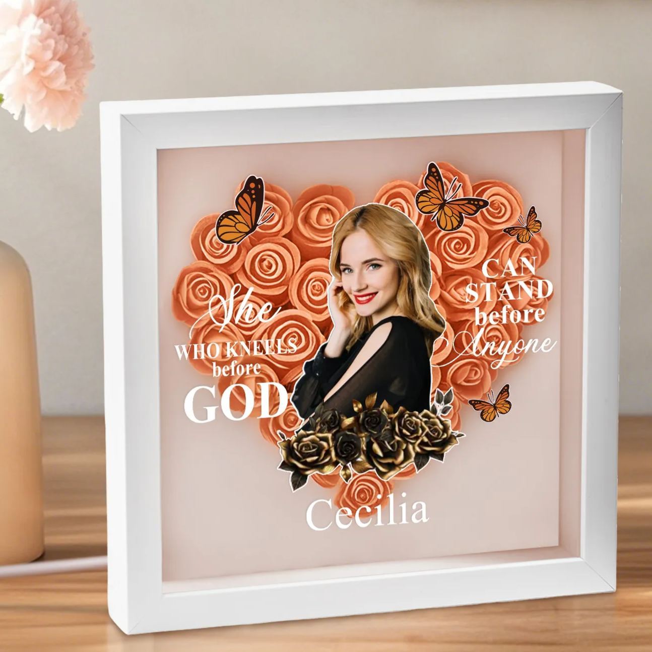 She Who Kneels Before God | Personalized Heart Flower Shadow Box