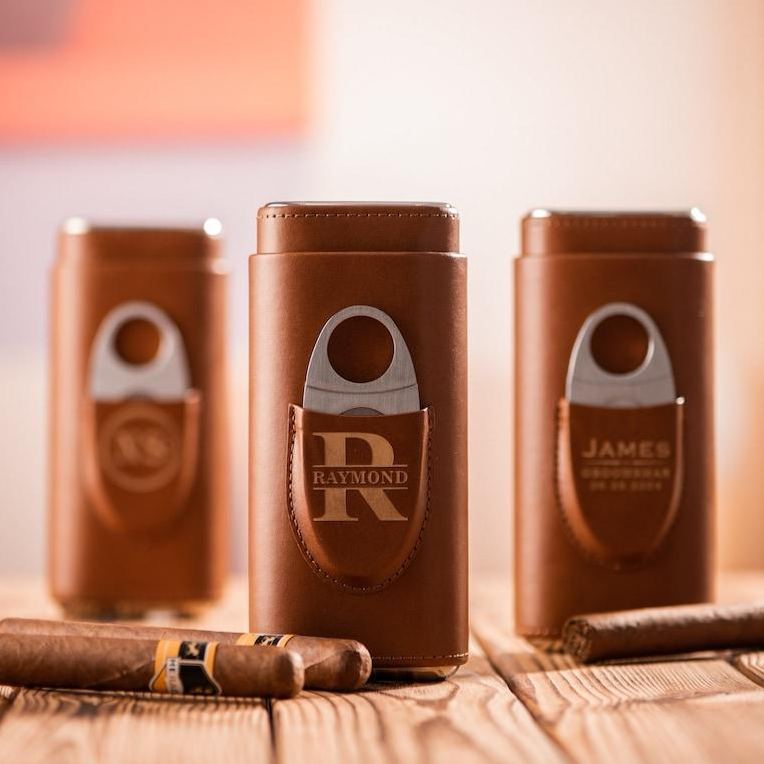 Personalized Cigar Case, Leather Cigar Holder with Cutter, Cigar Travel Case, Groomsmen Gifts, Gift for Dad Husband Gift for Him