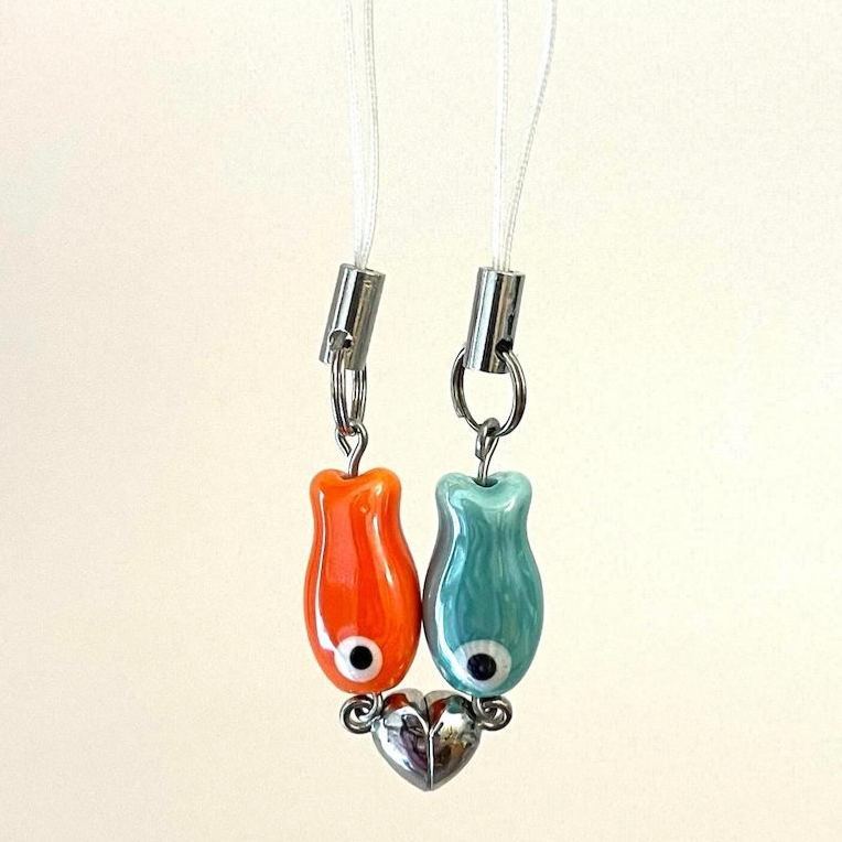 Magnetic Matching Ceramic Green Fish Keychain Duo Set Phone Bag Charm, Cute Gifts for Best Friend, Him, Boyfriend, Girlfriend, Sister