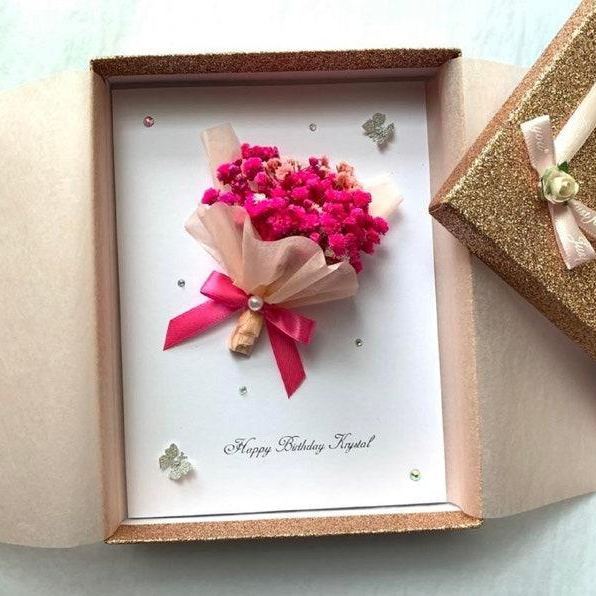 Luxury Personalised Handmade Birthday Card, Handmade Preserved Flower Card, Dried Flower Birthday Card, Birthday Card, Bouquet Card C008