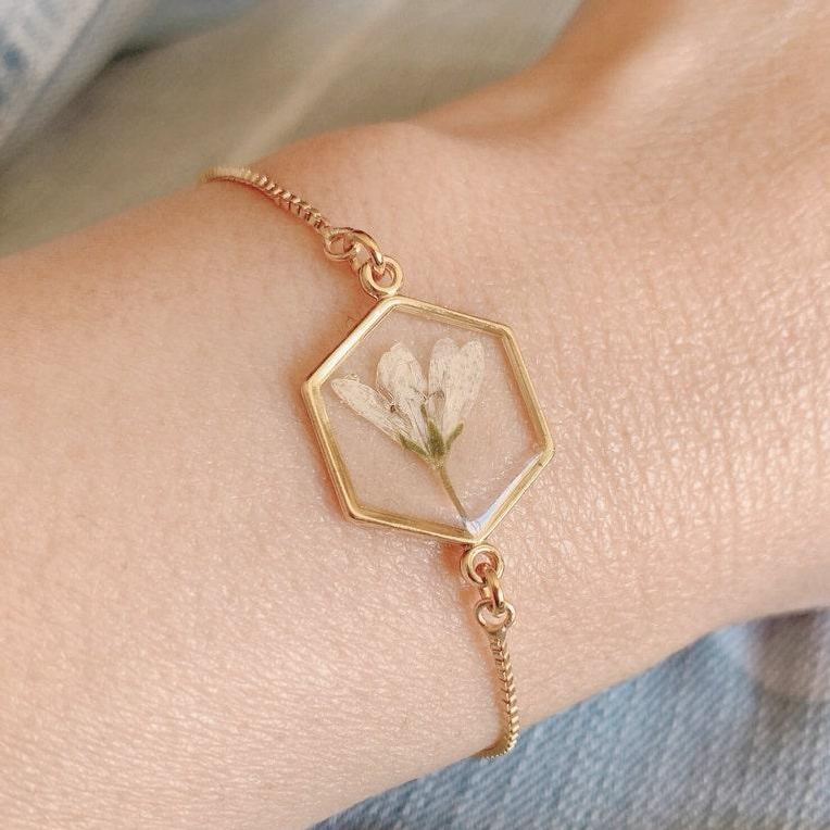 Pressed Dried Flower Bracelet – Real Flower Hexagon Bangle Handmade Bridesmaid Gift Wedding Jewelry Anniversary Gift