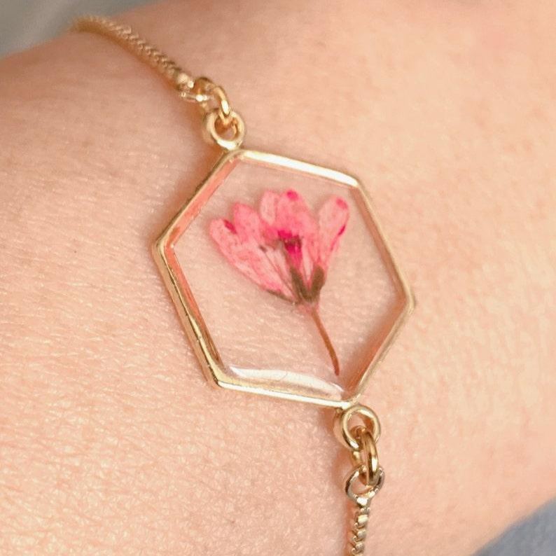 Pressed Dried Flower Bracelet – Real Flower Hexagon Bangle Handmade Bridesmaid Gift Wedding Jewelry Anniversary Gift