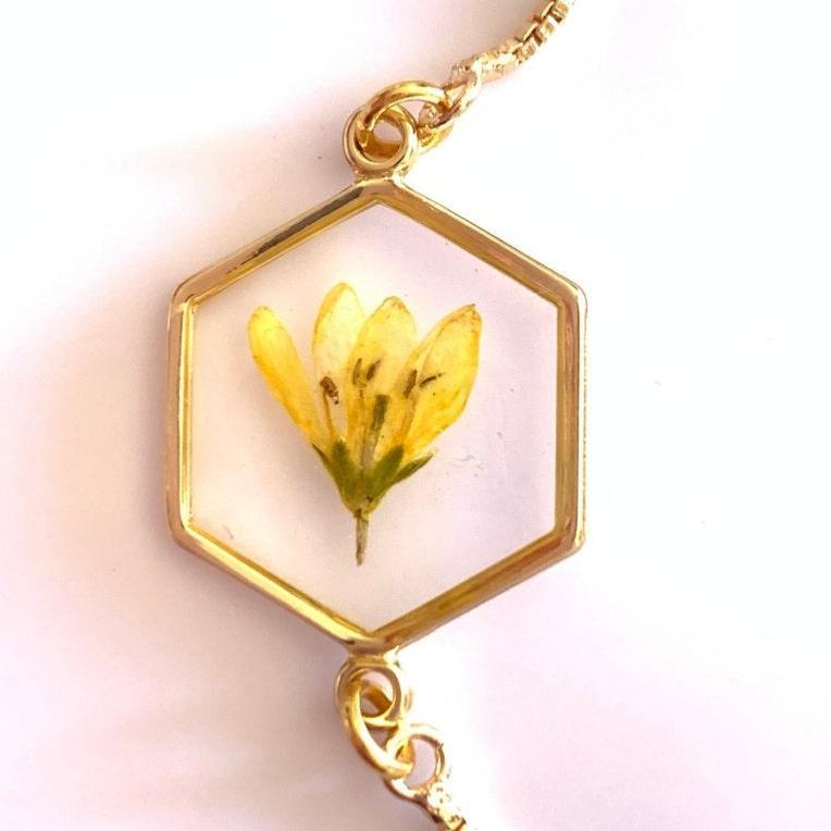 Pressed Dried Flower Bracelet – Real Flower Hexagon Bangle Handmade Bridesmaid Gift Wedding Jewelry Anniversary Gift