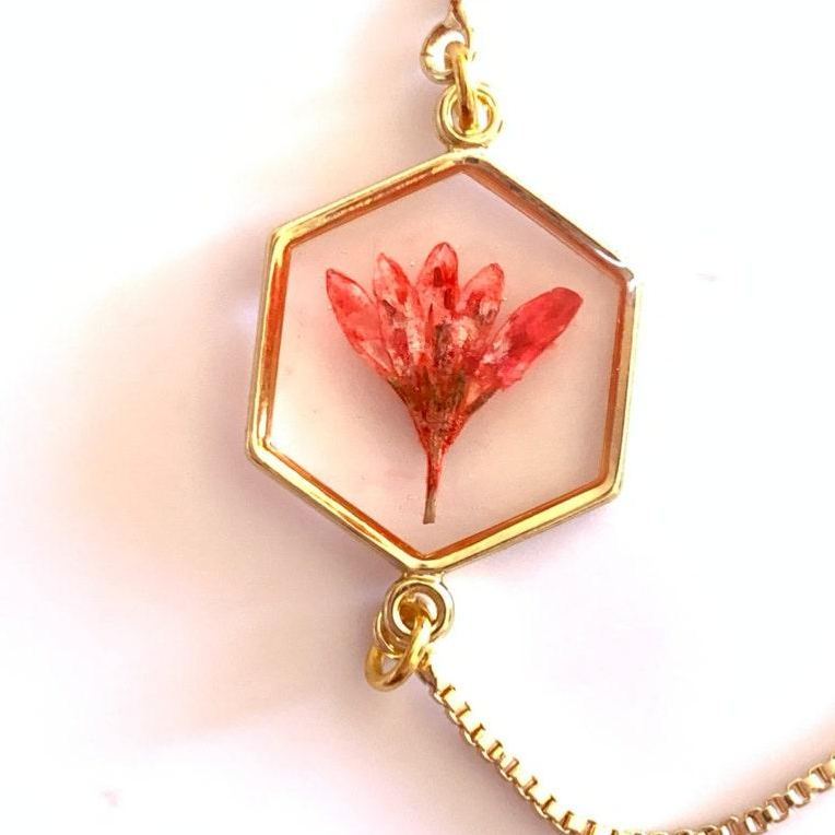Pressed Dried Flower Bracelet – Real Flower Hexagon Bangle Handmade Bridesmaid Gift Wedding Jewelry Anniversary Gift
