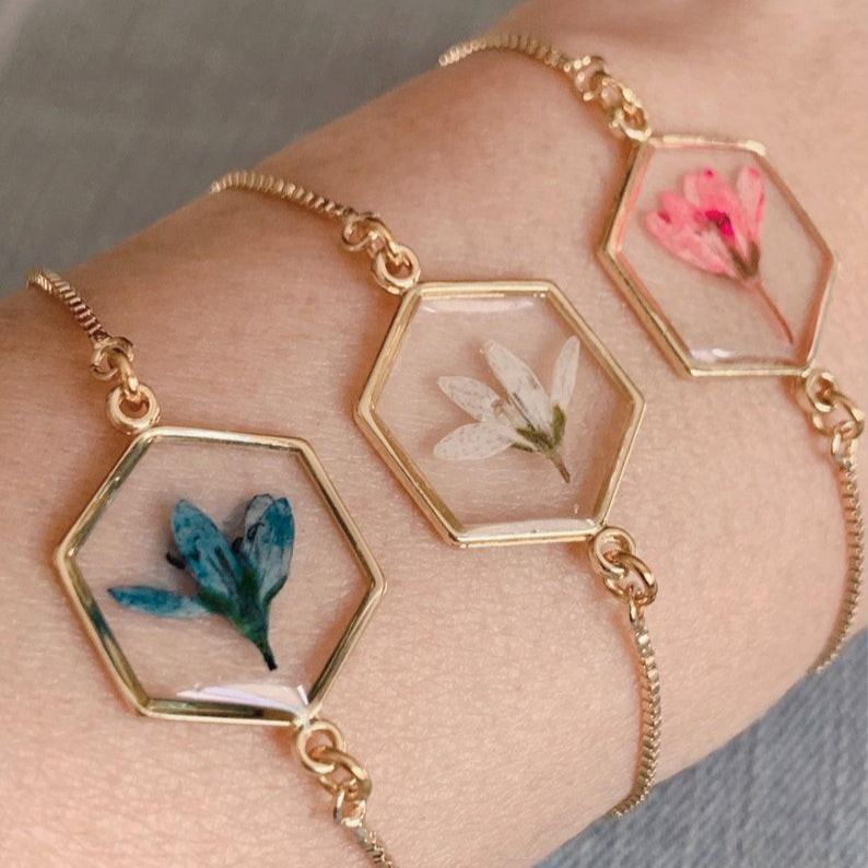 Pressed Dried Flower Bracelet – Real Flower Hexagon Bangle Handmade Bridesmaid Gift Wedding Jewelry Anniversary Gift