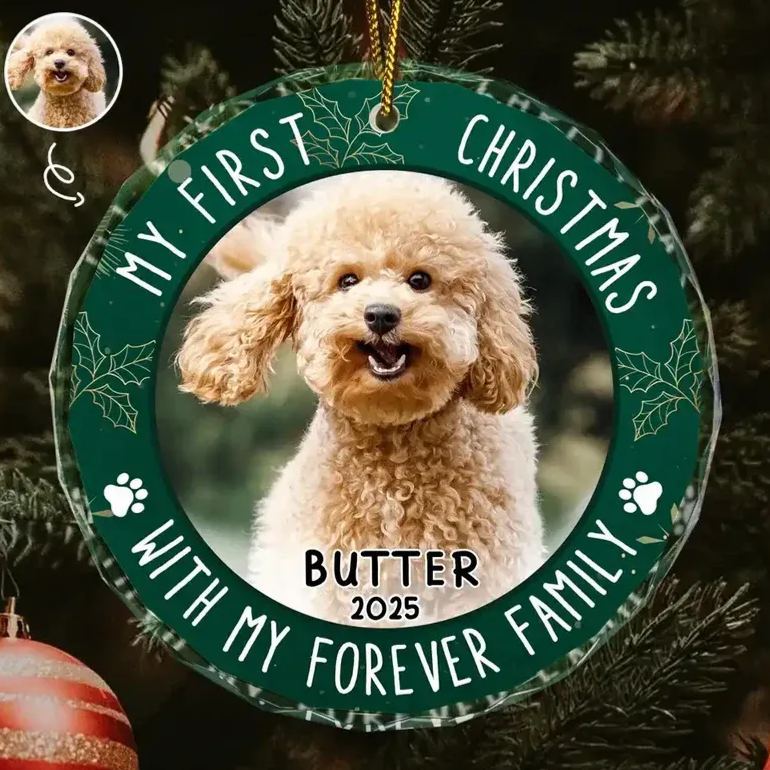 Custom Photo First Christmas Pet Lovers - Personalized Circle Glass Ornament