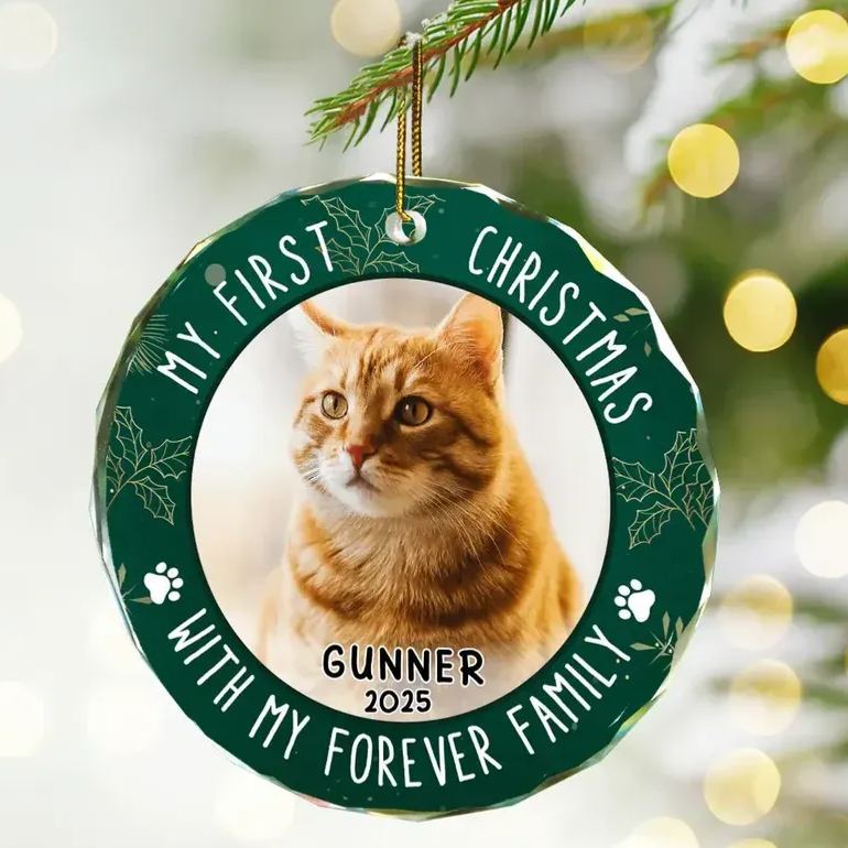 Custom Photo First Christmas Pet Lovers - Personalized Circle Glass Ornament