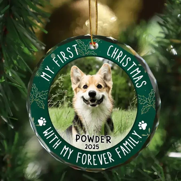 Custom Photo First Christmas Pet Lovers - Personalized Circle Glass Ornament