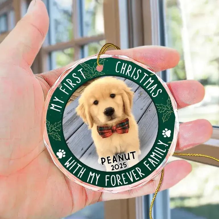 Custom Photo First Christmas Pet Lovers - Personalized Circle Glass Ornament