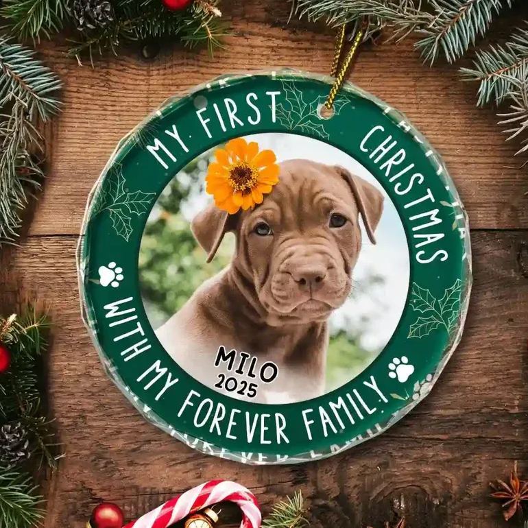 Custom Photo First Christmas Pet Lovers - Personalized Circle Glass Ornament