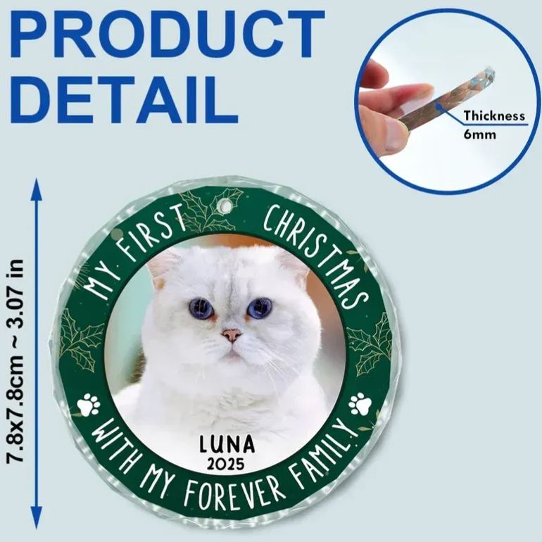 Custom Photo First Christmas Pet Lovers - Personalized Circle Glass Ornament