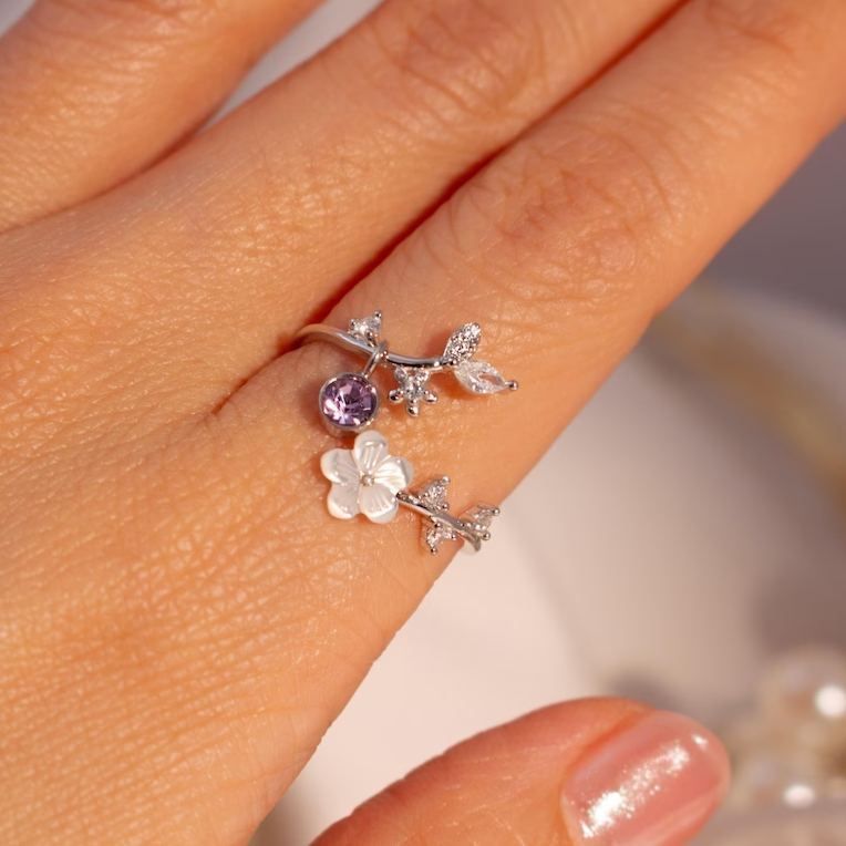 Birth Flower Ring Mother of Pearl Sakura Rings Adjustable Delicate Personalized Birthstone Gift Christmas Gift