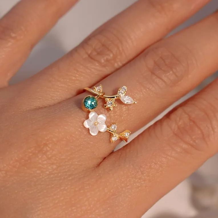 Birth Flower Ring Mother of Pearl Sakura Rings Adjustable Delicate Personalized Birthstone Gift Christmas Gift