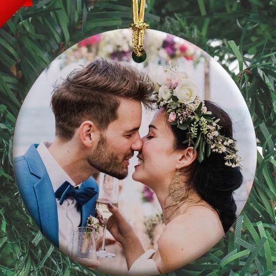 Photo Ornament, Custom Ornament, Personalized Christmas Ornaments, Just Married Ceramic Engagement Ornament First Christmas Gift for Her
