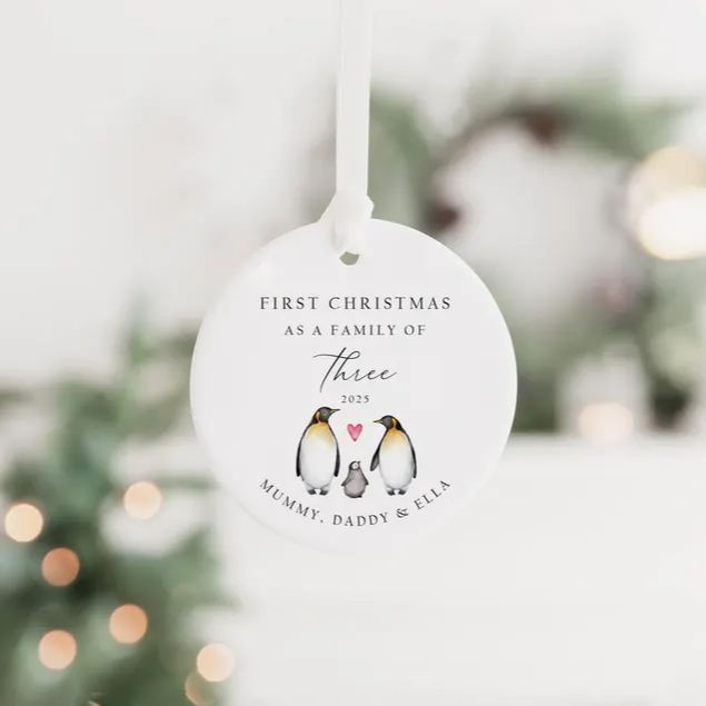 First Christmas as a Family of 3 Decoration | Keepsake Christmas Bauble Gift Ceramic Ornament | Baby's First Christmas Decoration
