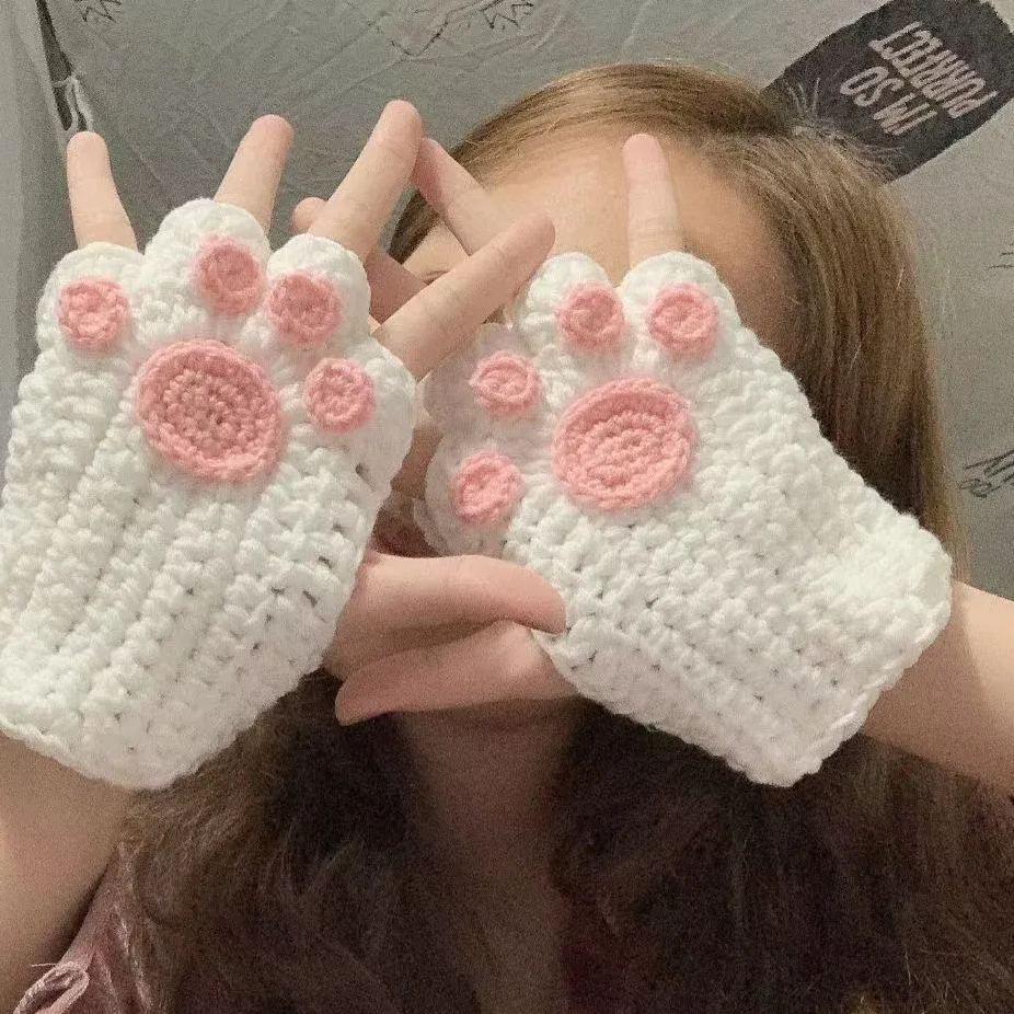Girls Gift Idea Hand Woven Half Fingers Cat Paws Wool Gloves