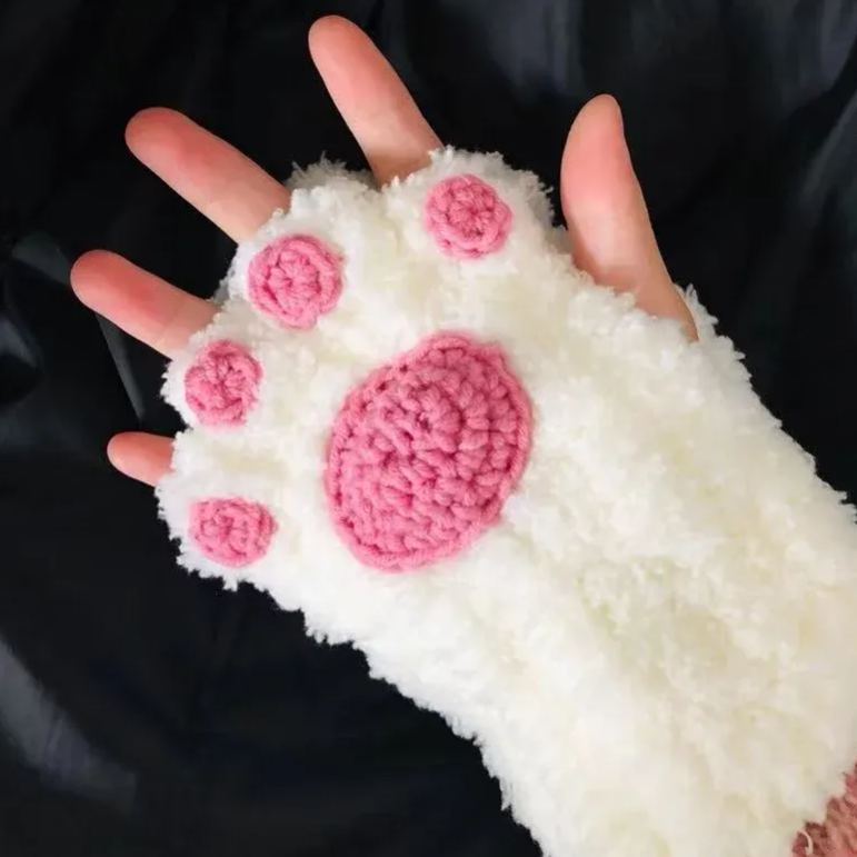 Girls Gift Idea Hand Woven Half Fingers Cat Paws Wool Gloves