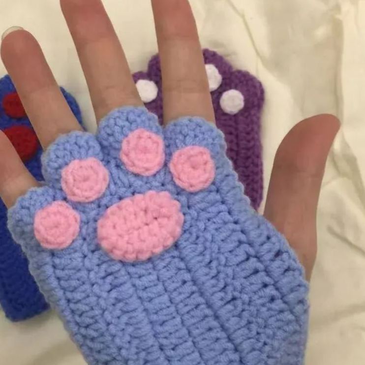 Girls Gift Idea Hand Woven Half Fingers Cat Paws Wool Gloves