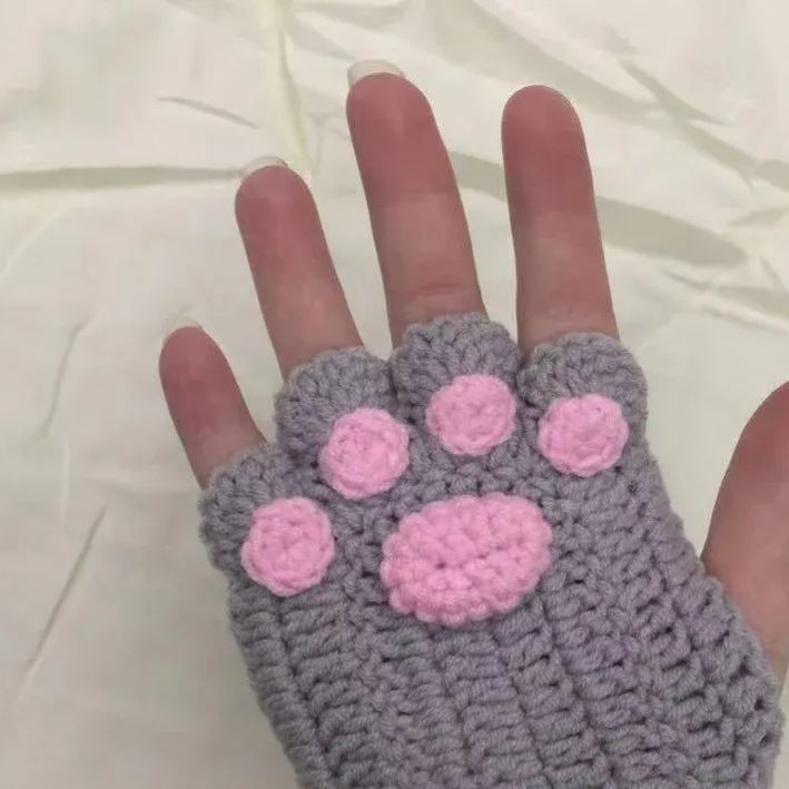 Girls Gift Idea Hand Woven Half Fingers Cat Paws Wool Gloves