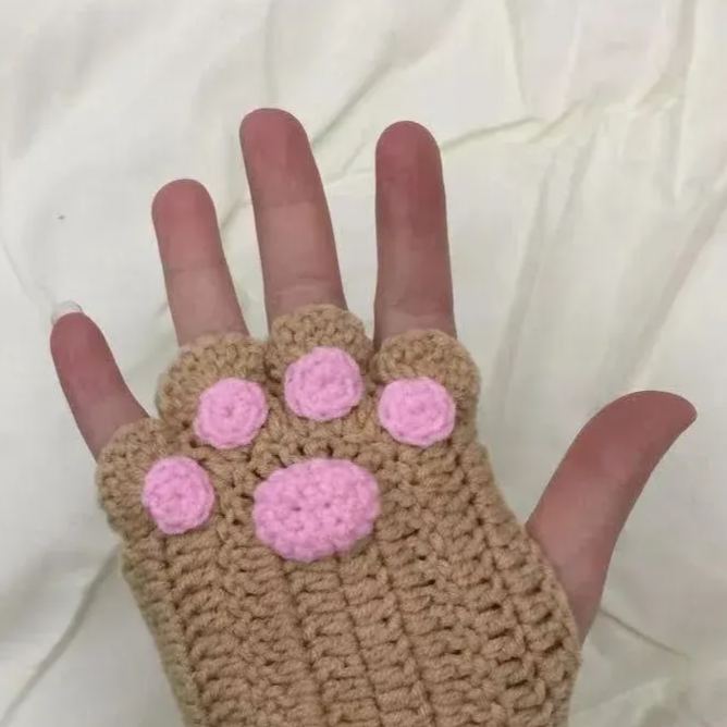 Girls Gift Idea Hand Woven Half Fingers Cat Paws Wool Gloves