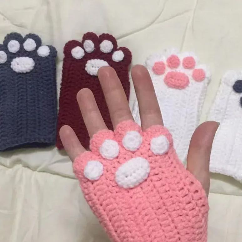 Girls Gift Idea Hand Woven Half Fingers Cat Paws Wool Gloves