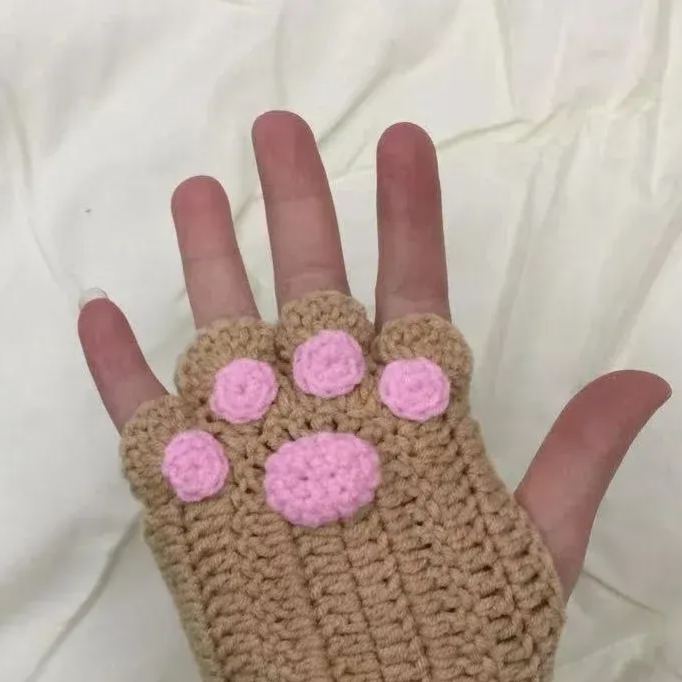 Girls Gift Idea Hand Woven Half Fingers Cat Paws Wool Gloves