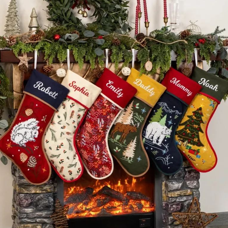 Personalized Christmas Stockings Embroidered Rustic Stocking With Hemmed Edges for Family Custom Name Vintage Stockings Farmhouse Xmas Decor