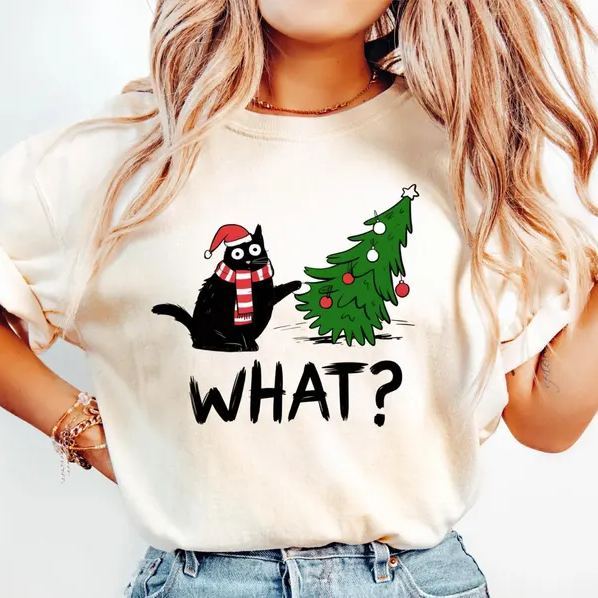 Funny Cat Christmas Shirt What? Christmas Tree Knocked Over Tee Cute Holiday Cat Lover T-Shirt Humorous Xmas Gift for Pet Owners