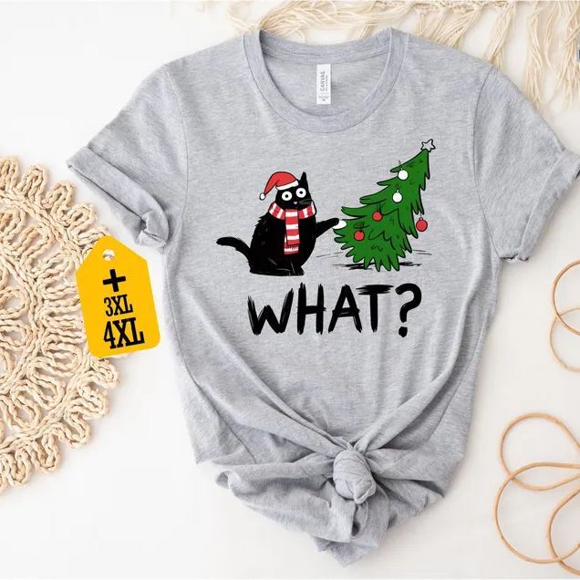 Funny Cat Christmas Shirt What? Christmas Tree Knocked Over Tee Cute Holiday Cat Lover T-Shirt Humorous Xmas Gift for Pet Owners