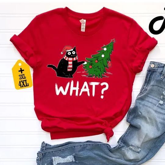 Funny Cat Christmas Shirt What? Christmas Tree Knocked Over Tee Cute Holiday Cat Lover T-Shirt Humorous Xmas Gift for Pet Owners