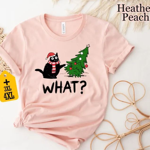 Funny Cat Christmas Shirt What? Christmas Tree Knocked Over Tee Cute Holiday Cat Lover T-Shirt Humorous Xmas Gift for Pet Owners