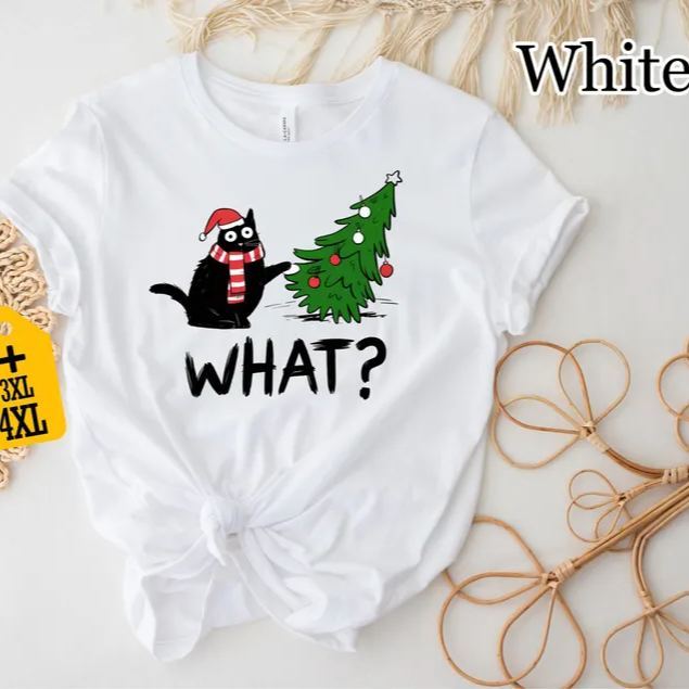 Funny Cat Christmas Shirt What? Christmas Tree Knocked Over Tee Cute Holiday Cat Lover T-Shirt Humorous Xmas Gift for Pet Owners