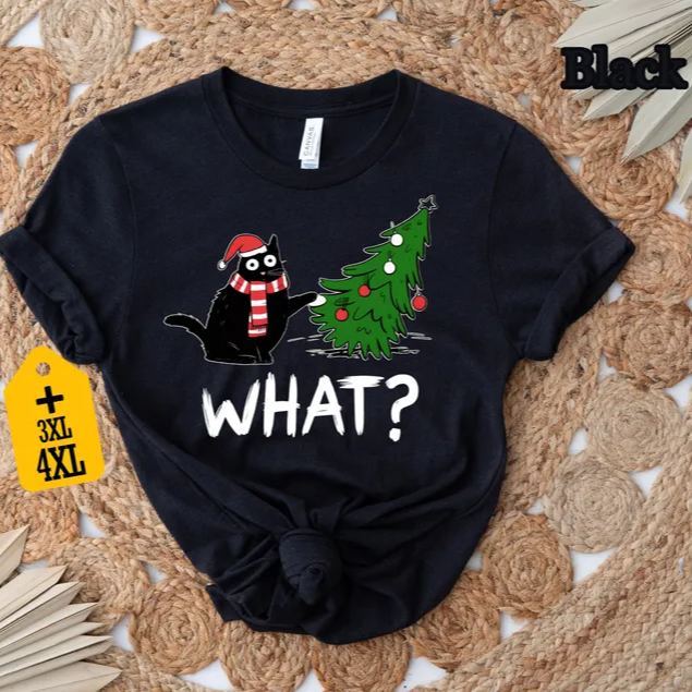 Funny Cat Christmas Shirt What? Christmas Tree Knocked Over Tee Cute Holiday Cat Lover T-Shirt Humorous Xmas Gift for Pet Owners