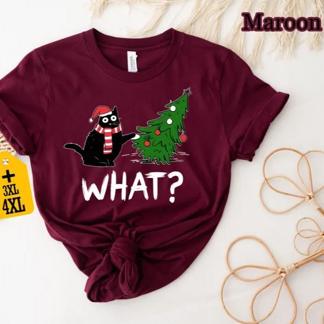 Funny Cat Christmas Shirt What? Christmas Tree Knocked Over Tee Cute Holiday Cat Lover T-Shirt Humorous Xmas Gift for Pet Owners