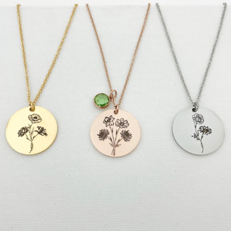 Personalized Family Birth Flower Bouquet Necklace with Birthstone: Custom Engraved Jewelry Gift