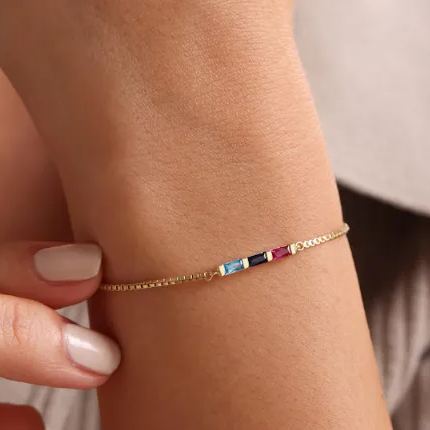 Gold Birthstone Bracelet, Baguette Birthstone Bracelet, Family Birthstone Necklace, Birthstone Bracelet for Women, Valentine Gift