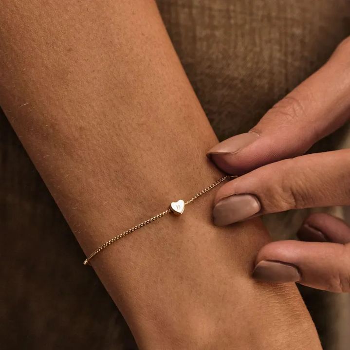 Minimalist 3D Heart Charm Bracelet, Custom Initial Bracelet, Engraved Letter Bracelet, Gold Bracelet, Daily Jewelry, Valentine Gift